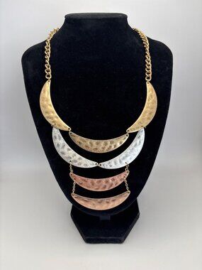 Hammered Copper Brass Silver Tone Statement Bib Necklace Brutalist Metal